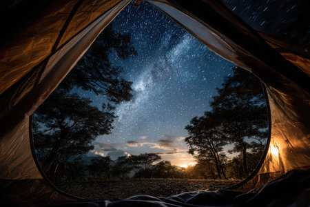 A cozy tent offers a view of a starlit sky and the Milky Way, surrounded by silhouettes of trees at dusk, creating a serene camping atmosphere in nature.の素材