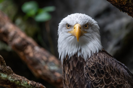 A majestic bald eagle displays its striking features while perched on a branch, surrounded by foliage in a serene natural environment.の素材