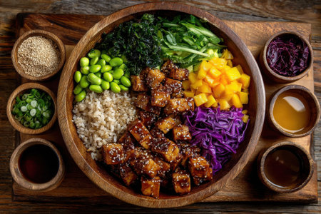 A vibrant bowl filled with tofu, brown rice, edamame, mango, purple cabbage, and seaweed showcases a healthy meal option, presented on a rustic wooden table.の素材