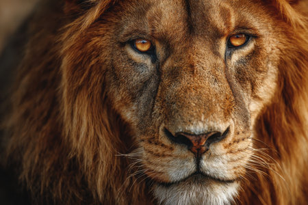 Close-up of a lion showcasing its powerful gaze and lush mane, set against a blurred background, highlighting its majestic presence in the wild.の素材