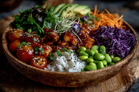 A vibrant bowl features a variety of ingredients including rice, cherry tomatoes, avocado, and mixed greens, showcasing an appetizing combination of flavors and textures.の素材