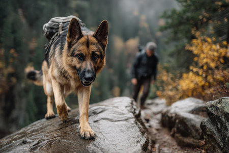 A German Shepherd confidently climbs a rocky trail, while its owner follows behind. The vibrant autumn foliage adds color to the misty forest landscape.の素材
