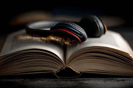 A pair of headphones rests on an open book, blending audio and literature. The setting is dark, highlighting the harmony between reading and listening.の素材