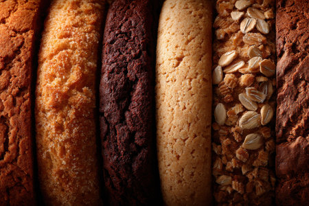 Various types of cookies are arranged in a row, showcasing their unique textures and colors. Each cookie's distinct appearance highlights its flavors and ingredients.の素材