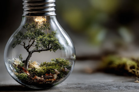 A light bulb encases a tiny tree surrounded by vibrant moss, showcasing an artistic blend of nature and creativity in a cozy indoor setting.の素材