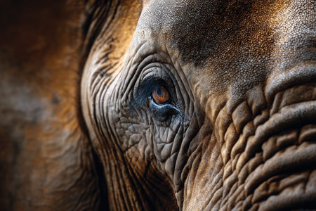 An elephant's detailed eye and textured skin are captured in this close-up, revealing the animal's majesty and wisdom in a natural environment.の素材