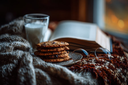 A warm, inviting setup features a plate of chocolate chip cookies, a glass of milk, and an open book beside a soft blanket near a window during twilight.の素材