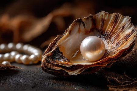 A lustrous pearl sits elegantly in an open oyster shell, surrounded by delicate pearls on a dark, textured surface, creating a serene atmosphere.の素材