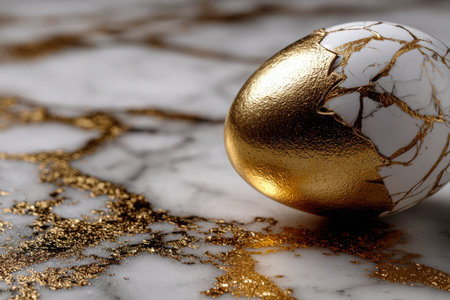 A beautifully crafted egg features a gold crack design against a marble background. The intricate details highlight artistry and luxury in this close-up composition.の素材