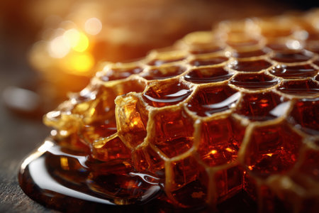 Glimmering honeycomb rests on a textured surface, showcasing rich amber hues and delicate hexagonal patterns, with honey gently pooling nearby, evoking warmth and nature.の素材