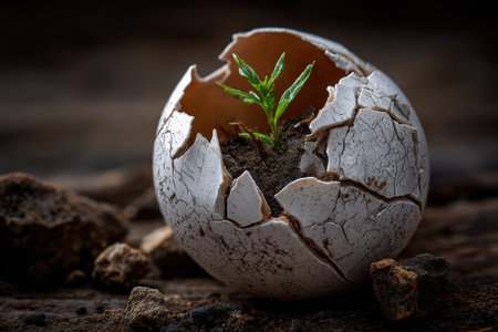 A tiny green plant sprouts from a cracked eggshell resting on earthy soil and rocks, symbolizing new beginnings and growth in nature.の素材