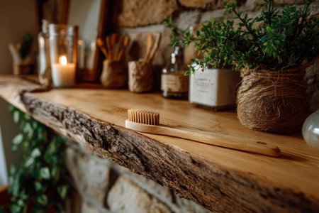A wooden toothbrush rests on a rustic shelf adorned with plants and decorative items, creating a serene and cozy atmosphere in the room.の素材