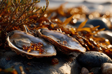 Oysters are open along the sandy shore, revealing shiny amber pearls nestled inside them, surrounded by seaweed and pebbles during sunset.の素材