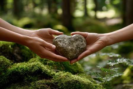 Two hands gently pass a heart-shaped stone between them in a serene forest. Sunlight filters through the trees, creating a calming atmosphere.の素材