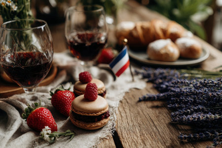 A rustic table is adorned with delicious pastries, fresh strawberries, and macarons. Simple decorations and a French flag highlight a charming indulgence.の素材