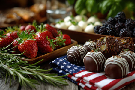 A colorful assortment of strawberries and blackberries is displayed alongside chocolate-covered treats. Fresh herbs and a decorative cloth add to the inviting atmosphere.の素材