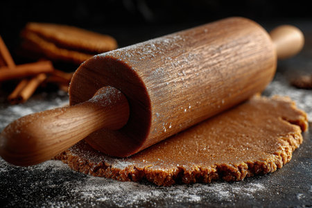 A wooden rolling pin rests on a sheet of brown dough surrounded by flour and cinnamon. Baking preparations evoke the warmth of winter holidays and festive treats.の素材