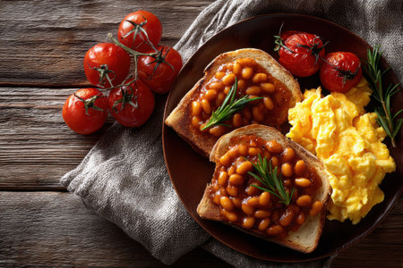 A hearty breakfast features toasted bread topped with savory baked beans, fluffy scrambled eggs, and fresh cherry tomatoes, placed on a rustic wooden table.の素材