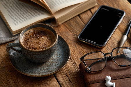 A warm cup of coffee sits beside an open book and a smartphone on a rustic wooden table. Reading glasses and a pen are nearby, creating a tranquil atmosphere for relaxation.の素材