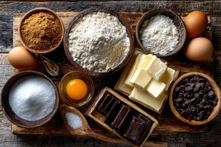 Various baking ingredients are carefully displayed on a rustic wooden surface, including different types of sugar, flour, butter, chocolate, and eggs, ready for use.の素材