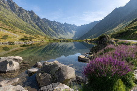 A tranquil mountain valley features a clear lake reflecting rocky peaks. Vibrant purple flowers bloom along the shoreline, enhancing the serene landscape.の素材