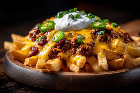 A generous serving of perfectly cooked fries is topped with melted cheese, spicy chili, jalapenos, and fresh green onions. Perfect for sharing or enjoying solo.の素材