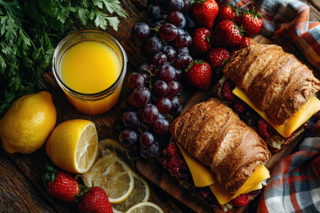 A croissant sandwich filled with cheese sits alongside strawberries, grapes, and lemons, accompanied by a glass of orange juice on a rustic wooden table.の素材