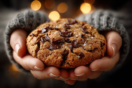 A warm chocolate chip cookie is cradled in hands, showcasing its rich texture and chocolate pieces, set against a soft, illuminated bokeh backdrop.の素材