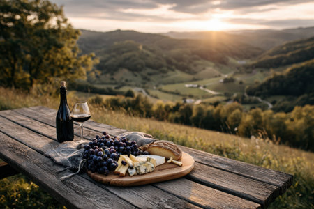 A picnic is set on a wooden table overlooking a beautiful valley at sunset. Cheese, grapes, and a glass of wine create a perfect setting for relaxation.の素材