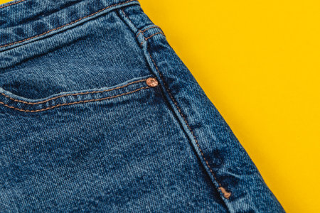 Close-up view of blue denim fabric showing details like stitching and pocket against a bright yellow background, highlighting fashion and textile design.の写真素材