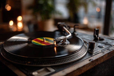 A vintage record player showcases a vinyl with vibrant colors while soft candlelight creates a warm, inviting atmosphere in a stylish room.の素材