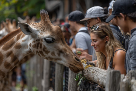 A giraffe reaches out to visitors at a wildlife park as a woman leans forward, sharing a moment of connection. People watch with delight, enjoying the experience.の素材