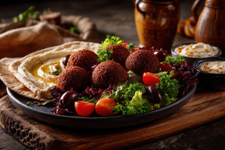 A falafel platter features crispy falafel balls surrounded by fresh vegetables, pita bread, and assorted dips arranged beautifully on a wooden table at dinner time.の素材