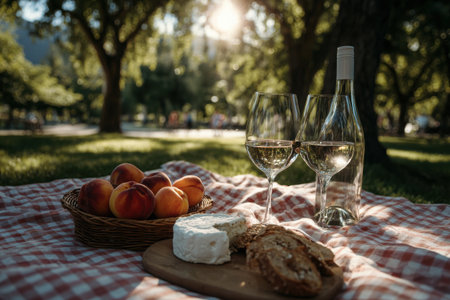 A picnic featuring two glasses of white wine, fresh peaches, and pastries on a checkered blanket under sunlit trees. Friends enjoy a warm day outdoors in the park.の素材