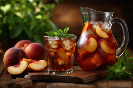 A glass filled with peach iced tea sits next to a pitcher, surrounded by fresh peaches and sprigs of mint, creating a vibrant summer drink setting.の素材