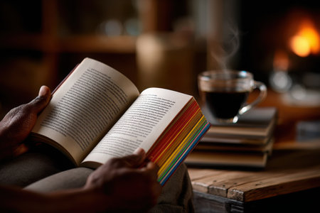 A person relaxes on a couch, reading a book with colorful edges while a cup of coffee steams nearby, set in a warm, inviting room with a fireplace.の素材