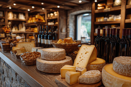 A rustic shop features an array of artisan cheeses and fine wines on display. Warm lighting enhances the inviting atmosphere during evening hours.の素材