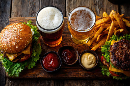 Two gourmet burgers topped with cheese and fresh lettuce accompanied by golden fries and several dipping sauces, all paired with craft beers on a rustic wooden table.の素材
