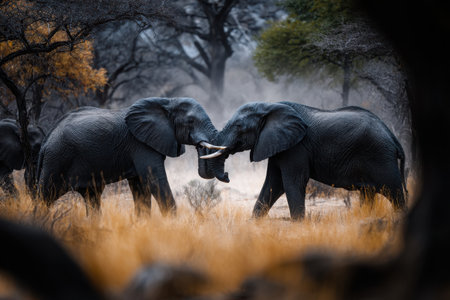 Two elephants engage in a playful interaction amidst tall grass and scattered trees in an African savanna during the evening hour, creating a lively atmosphere.の素材