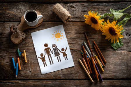 A cheerful child's drawing shows a family under a bright sun with flowers around. Crayons are scattered nearby, creating a playful atmosphere of creativity.の素材