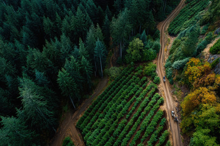 A vineyard stretches alongside a winding dirt road, bordered by towering evergreen trees. The vibrant colors of autumn foliage can be seen in the distance.の素材