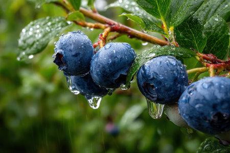 Fresh blueberries hang heavily on a vine, glistening with droplets of rainwater, surrounded by vibrant green leaves in a summer garden setting.の素材