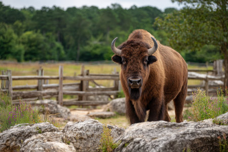 A buffalo stands among rocks and greenery, gazing curiously at the surroundings in a pastoral area with wooden fencing and distant trees.の素材