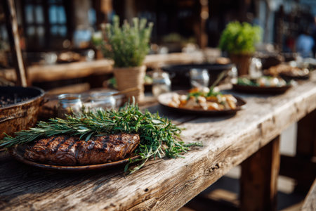 Sizzling grilled meat is arranged on a rustic wooden table surrounded by fresh herbs and a variety of dishes. The outdoor setting emits a warm and inviting atmosphere.の素材