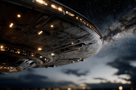 A large, illuminated spacecraft hovers close to the ground against a backdrop filled with stars and clouds, creating a sense of wonder and intrigue in the night.の素材