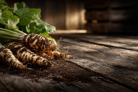 Harvested parsnips display their earthy colors and textures on a worn wooden surface, surrounded by lush green leaves, highlighting the bounty of the season.の素材