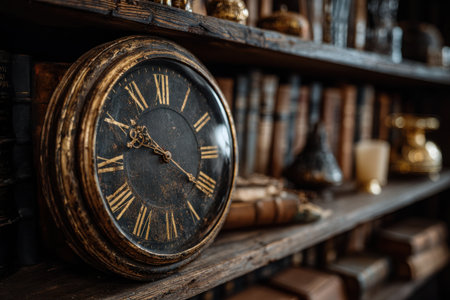 A detailed vintage clock with Roman numerals rests on a shelf filled with old books, decorative items, and warm lighting, creating a cozy library atmosphere.の素材