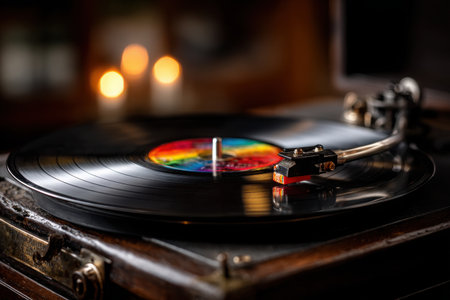 A vibrant vinyl record spins on a classic turntable, showcasing a rainbow label. Soft warm lighting creates a cozy, nostalgic atmosphere in the background.の素材