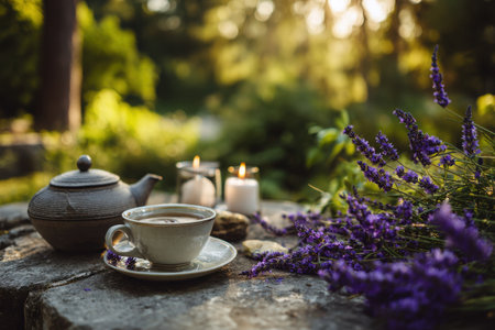 Enjoying a tranquil morning with a lovely tea set for two, surrounded by blooming flowers and flickering candles, creating a peaceful ambiance in nature.の素材