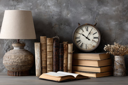 A cozy still life setting features old books stacked with a vintage clock and a lamp illuminating the scene. Dried flowers add a touch of softness to the table.の素材